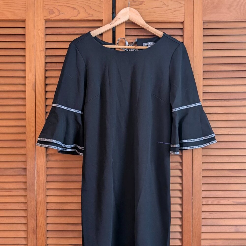 Sharagano Black Sheath Dress – Short Bell Sleeves with Ruffles & Buffalo Plaid